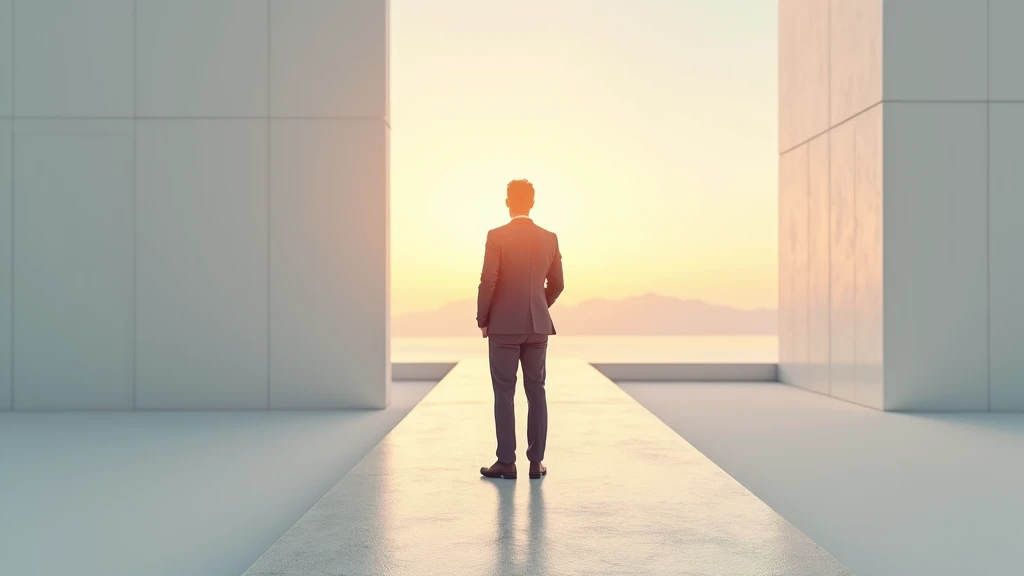 Imagen metafórica de un profesional en un entorno minimalista y luminoso tomando una decisión en un cruce de caminos, simbolizando el cambio de paradigma laboral y la reevaluación del compromiso laboral en España para priorizar la salud mental en el trabajo.