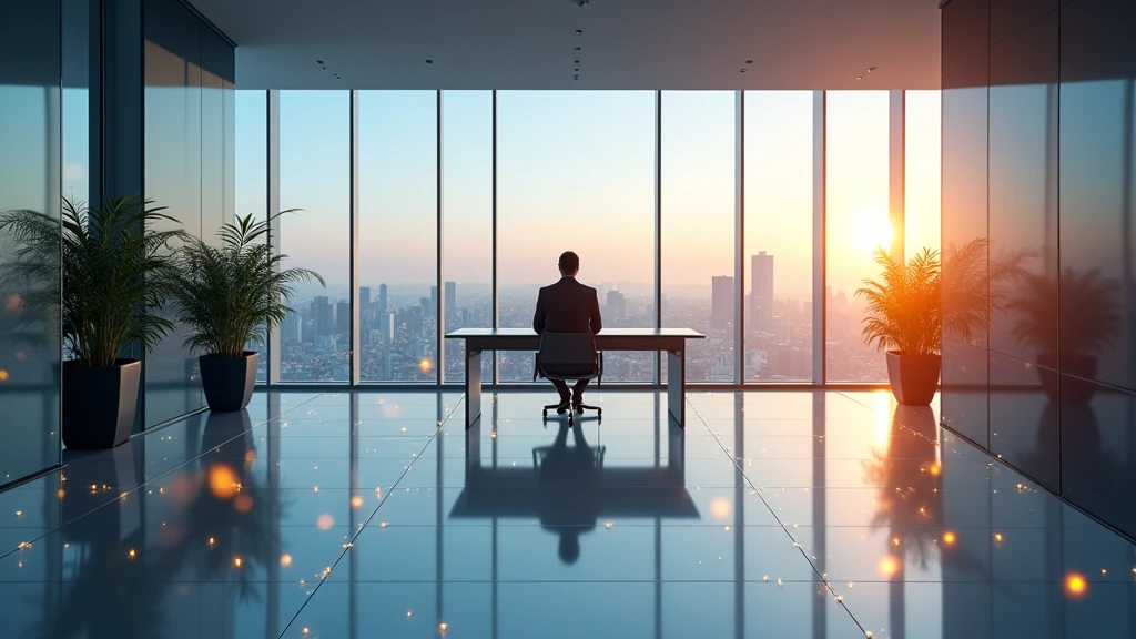 Profesional en una oficina moderna y luminosa interactuando con elementos digitales abstractos, representando la alfabetización digital avanzada y el crecimiento profesional.