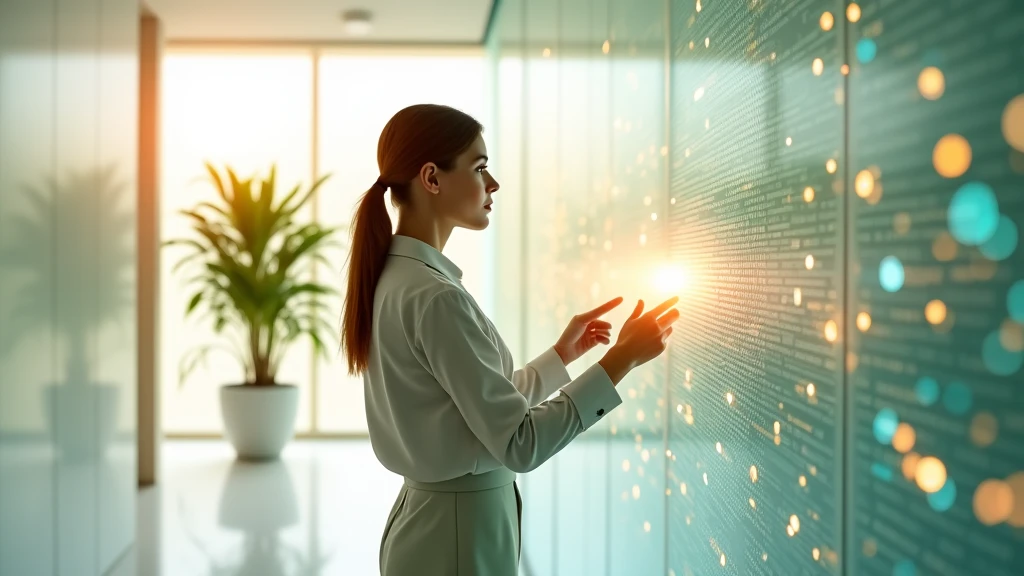 Una profesional en un entorno moderno y luminoso donde patrones de datos digitales se transforman en formas orgánicas y fluidas, simbolizando el aprendizaje continuo y la creatividad humana frente a la automatización.